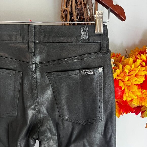 7 for All Mankind Womens Studded Shiny Coated Skinny Ankle Jean Sz 27 Black Fray - Picture 7 of 12